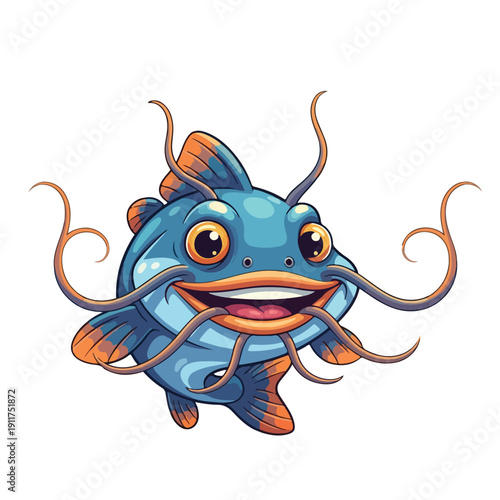 A cheerful cartoon catfish with orange fins and whiskers smiling on a white background in a playful and whimsical illustration.
