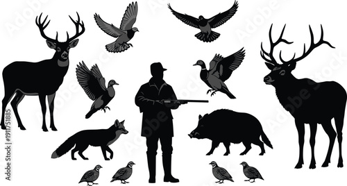 Hunter and wildlife silhouettes with deer, birds, fox, wild boar, hunting illustration set, black vector animals collection isolated on white background