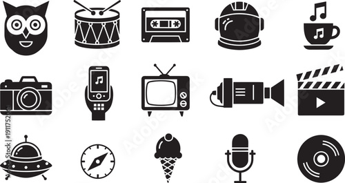 Silhouette icon set: owl, drum, cassette, astronaut helmet, music cup, camera, smartwatch, TV, video camera, clapperboard, UFO, compass, ice cream, microphone, CD — black icons