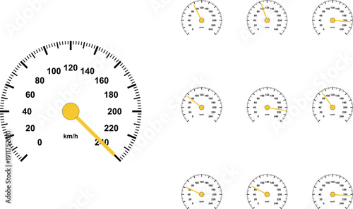 Minimalist speedometer vector set with 10 icons, car dashboard gauges with yellow needles, automotive speed measurement dial collection
