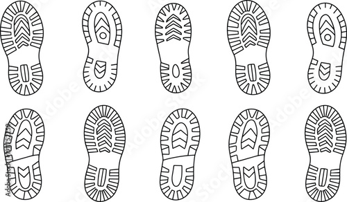 Detailed collection of diverse shoe sole prints with unique tread patterns for footwear identification, forensic analysis, design inspiration, and tracking studies