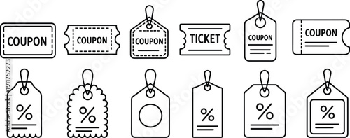 Discount coupon and price tag outline icon set with sale ticket percent label voucher retail promotion vector symbols collection