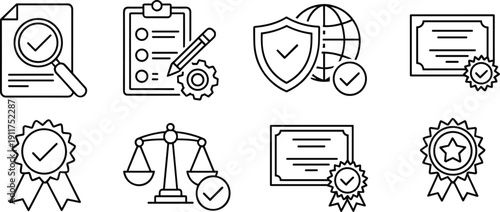 Global quality assurance and certification approval outline icon set with checklist shield badge certificate scale verified document vector symbols collection