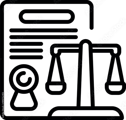 Balancing scales symbolize justice and law, positioned next to a legal document with an official seal, representing legal proceedings and court decisions