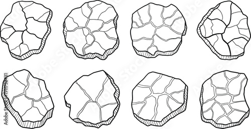 Minimal cracked stone surface outline icons set including rock texture fragments vector collection natural ground pattern design