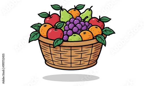 Fruit Basket Cartoon Icon with Apples, Grapes, Oranges, and Pears