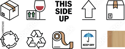 Packaging handling symbols and delivery box icons set line art shipping fragile recycle keep dry vector illustration collection logistics design