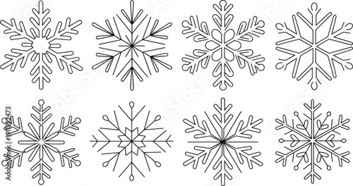 Minimal snowflake winter outline icons set including decorative crystal frost vector collection seasonal holiday design elements
