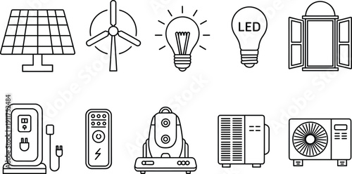 Renewable energy and home appliances outline icons set with solar panel wind turbine LED bulb charger and devices vector illustration