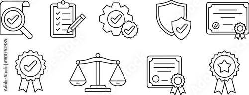 Quality assurance certification and approval outline icon set with checklist shield badge certificate scale verified document vector symbols collection minimal design