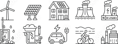 Renewable energy and sustainable power outline icon set with wind turbine solar panel electric car nuclear plant eco industry clean technology