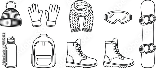 Winter clothing and outdoor gear outline icon set with hat gloves scarf snowboard boots backpack bottle ski goggles symbols