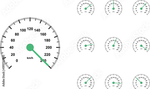 Set of speedometer gauges with green pointers on white background, isolated