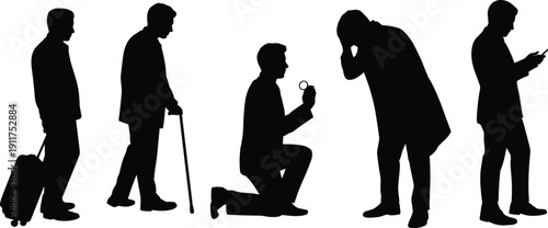 Men silhouettes in life stages, walking, proposal and phone use isolated on white background