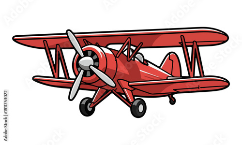 Red Biplane Vintage Aircraft Cartoon Illustration Vector Art