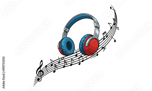 Red and Blue Cartoon Headphones on Musical Staff with Notes and Clef
