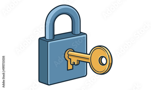 Security Padlock with Golden Key Unlocking Access Vector Illustration