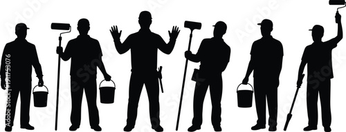 Painter worker silhouettes with roller and bucket, professional decorators isolated on white background