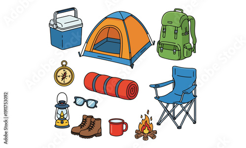 Camping Equipment Collection Set Doodle Illustration on White Background