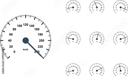 Set of speedometer gauges with varying needle positions isolated on transparent background