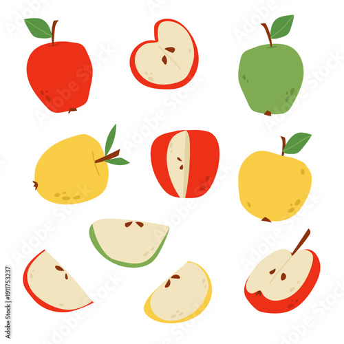 Apple set with whole fruits, halves and slices. Simple flat style illustration perfect for food branding, packaging, kitchen decor and healthy lifestyle designs