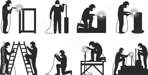 Welder worker silhouette set, welding process with sparks, industrial fabrication characters, metalwork profession collection, isolated black figures