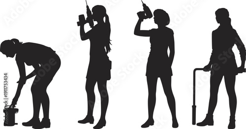 Women worker silhouettes with drill, paint bucket and plumbing tool, female tradespeople set isolated on white background