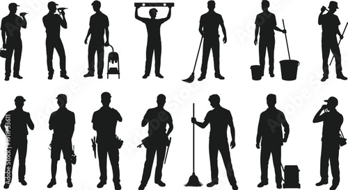 Worker silhouettes set with builders, cleaners and technicians holding tools isolated on white background, service profession collection