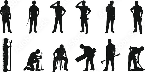 Worker silhouettes set with resting, saluting, carrying timber and tool poses isolated on white background, labor profession