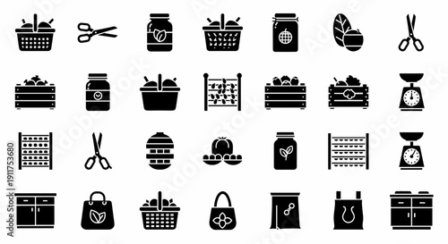 Collection of black shopping icons on white background illustrating various commerce and retail items