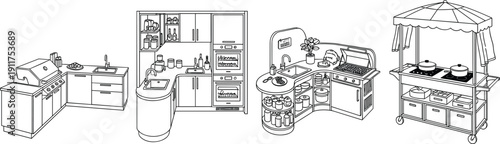 Modern Kitchen and Outdoor Cooking Station Set Featuring Grills Sinks Cabinets and Food Carts for Interior Design and Culinary Graphics, cad drawing flat vector illustration