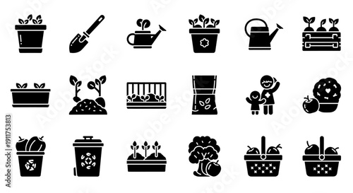 Collection of gardening icons depicting various tools and plants in baskets from a straightforward viewpoint