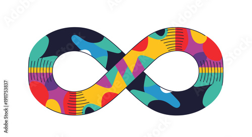 An abstract infinity symbol design with vibrant, colorful, and modern patterns, representing endless possibilities and unique perspectives