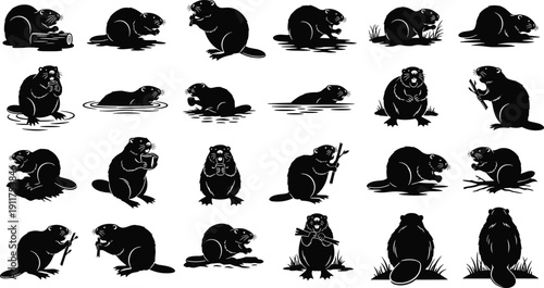 Large collection of black beaver silhouettes in various active poses including swimming, gnawing wood, and standing for wildlife nature and aquatic habitat projects.