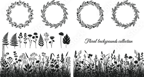 Large collection of black floral silhouettes featuring wildflower wreaths, botanical elements, fern leaves, and meadow grass borders on white background for nature design.