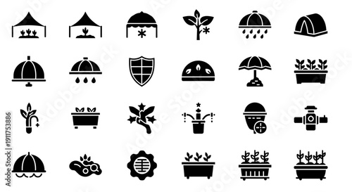 Collection of black icon symbols representing various objects and concepts in a grid layout