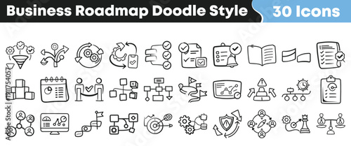 Collection of thirty hand drawn black and white business roadmap and process flow diagram doodle style icons representing strategy and planning.