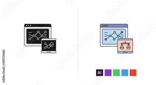 Data analysis and legal tech icons on digital devices