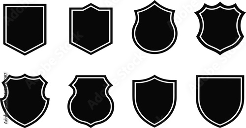 Black shield icon vector set, showing security, protection, safety, guarantee, award and military defense logo concept