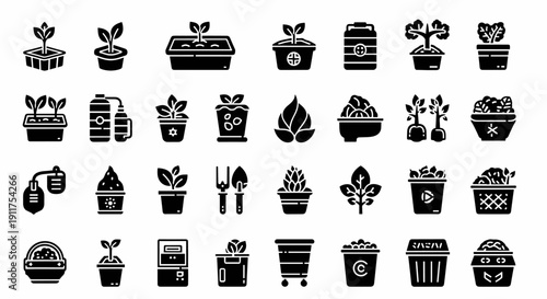 Collection of gardening icons featuring plants, pots, tools, and flowers in various styles and designs, presented in a grid layout