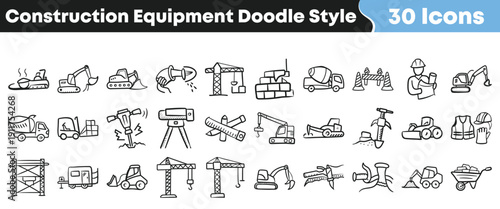 Collection of thirty charming doodle style icons depicting various essential construction equipment and worker safety gear outlines