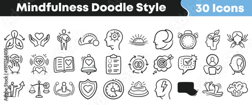 Collection of thirty black and white doodle style icons representing concepts related to mental health wellness and mindfulness practices
