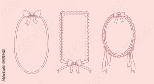 Set of three pink vector frames with bows and ribbons on a light pink background