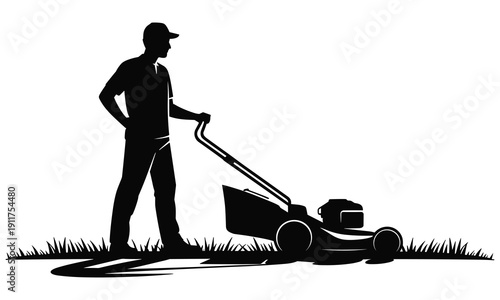 Man mowing lawn with lawnmower in a neat and tidy gardening activity outdoors in a simple silhouette illustration.