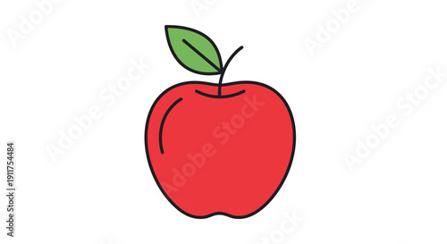 Vibrant red apple vector illustration with green leaf isolated on white