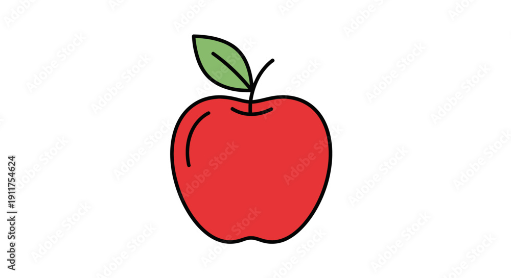 Fototapeta premium Vibrant red apple illustration on white background with green leaf
