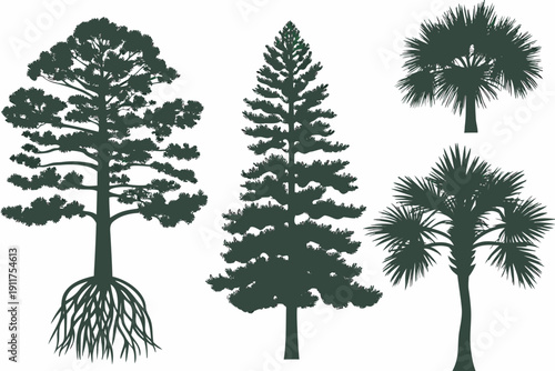 Silhouettes of various coniferous and palm trees against a white background