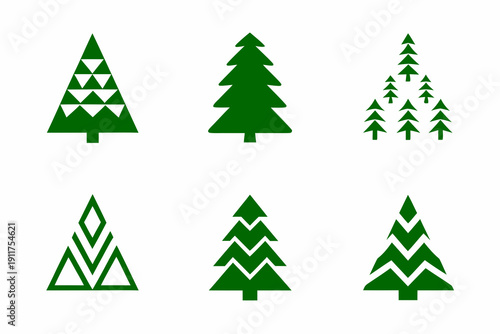 Collection of simple green christmas tree vector illustrations on white background