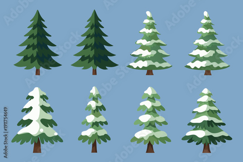Stylized illustration of four evergreen trees some with snow