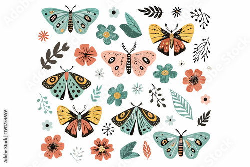 A colorful collection of illustrated butterflies flowers and botanical elements